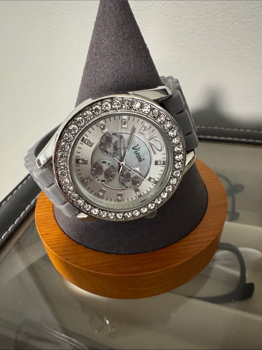 Vivani Crystal Bezel Watch in Light Gray